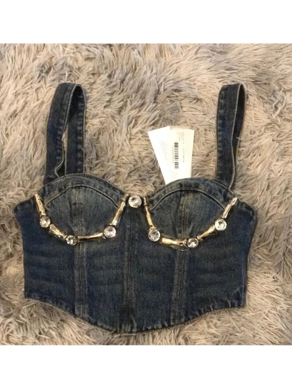 New Authentic AREA Denim Bustier Top with Gold Accents Size 2